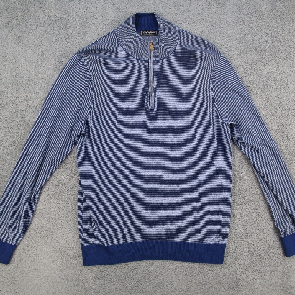 Saks Fifth Avenue Mens Blue Striped Silk Cotton Cashmere 1/4 Zip Sweater Large